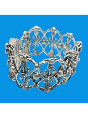 Vtg Monet bracelet Silver-Tone Filigree Faux Pearls Rhinestones womens Jewelry